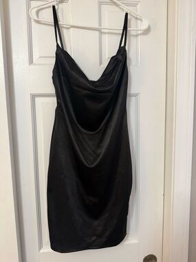 Black Satin Mini Cowl Neck Dress